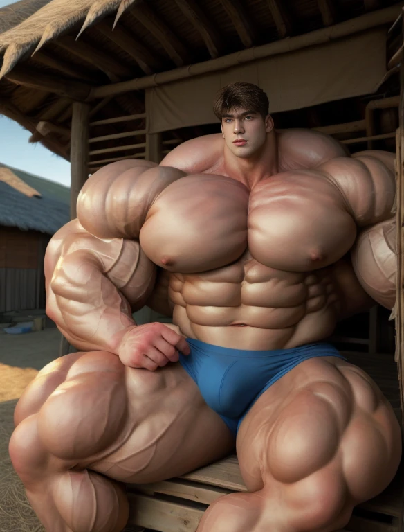 1boy, giant, asian, solo, giant bodybuilder, golden hour, strong body, bulk, large size, seated in any hut, outdoor, nude, blue triangular underwear with enormous bulge, extraordinary big, brutalmass, giant muscular body, bulk, buff, massive body, large meaty body size, extremely wide body, tallest body