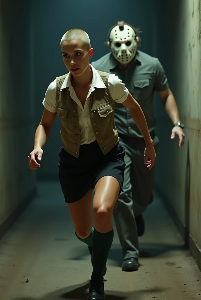 ((Highest quality)), ((masterpiece)), (horror movie posters:1.5), ((Jason)), (Shaved woman), (Motion Blur:1.1), ((逃げるJasonを後ろから追いかける筋肉質な坊主のグレーの女性のハト)), グレーのShaved womanのハトがOff-white short-sleeved collared shirtに薄茶色のベストを着てひざ丈の黒いスカートに短い濃い緑の靴下と黒の靴を履いている, Photorealistic images, (Off-white short-sleeved collared shirt),