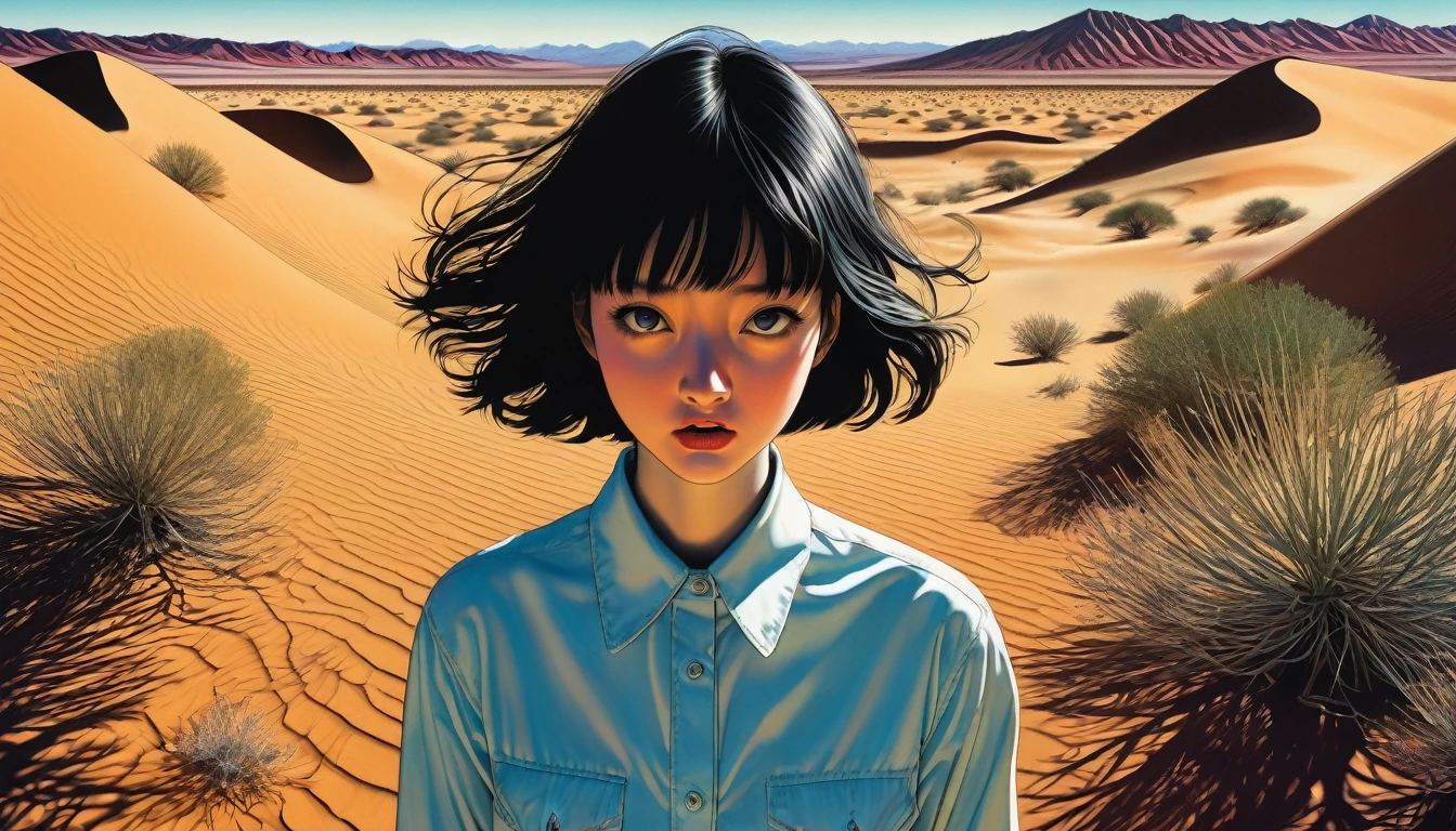 An illustration、art、Supervised by Junji Ito、Overaction、Overreaction、Pretending to be scared、Attention to detail, Realistic shadows、Analog Style, chromatic aberration, Surrealism、desert、null