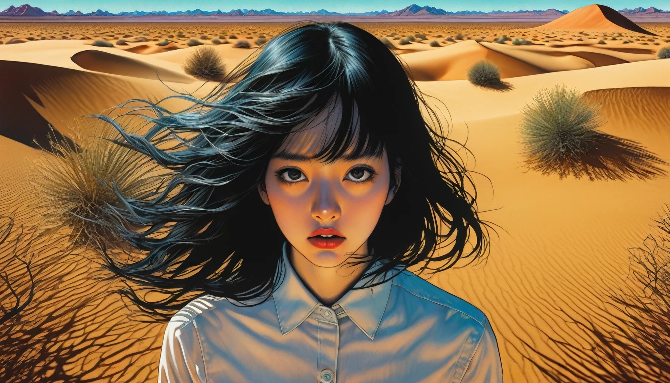 An illustration、art、Supervised by Junji Ito、Overaction、Overreaction、Pretending to be scared、Attention to detail, Realistic shadows、Analog Style, chromatic aberration, Surrealism、desert、null