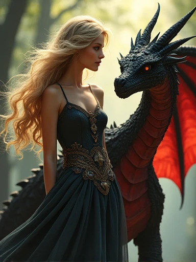 Pretty Blonde Woman with pet black and red dragon