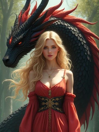 Pretty Blonde Woman with pet black and red dragon