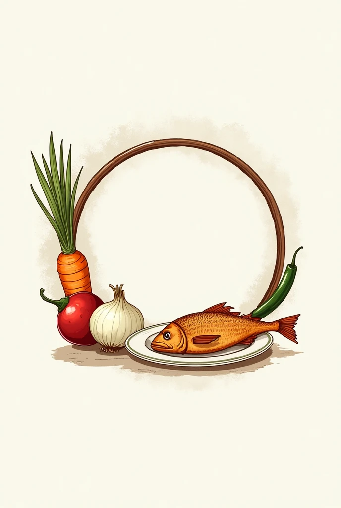 Circular label frame with illustrations of an onion,carrot,Chile,with a fried fish on a plate on the side.