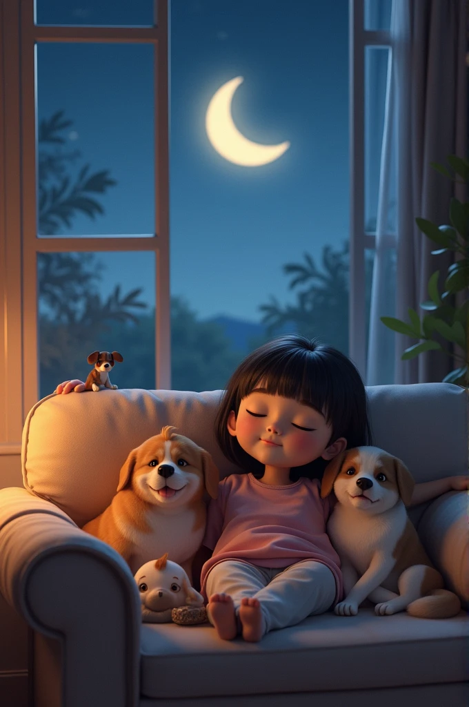 Girl and 3 dogs sitting in a sofa with moon in background