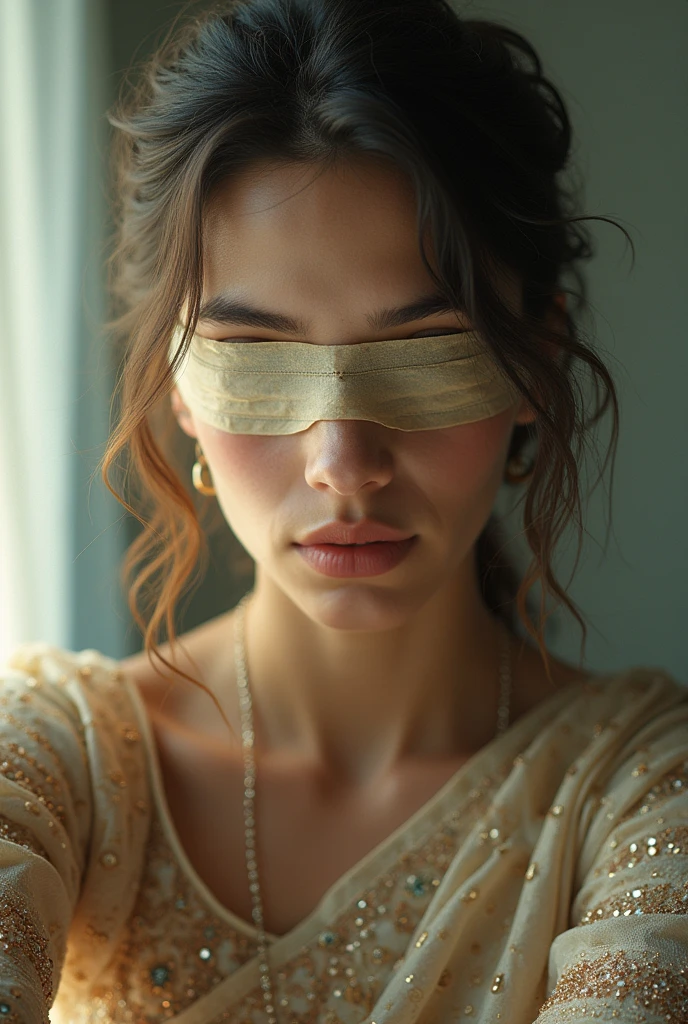 Aesthetic girl blindfolded duct tape gagged in sparkling shimmering saree taking selfie tape gagged