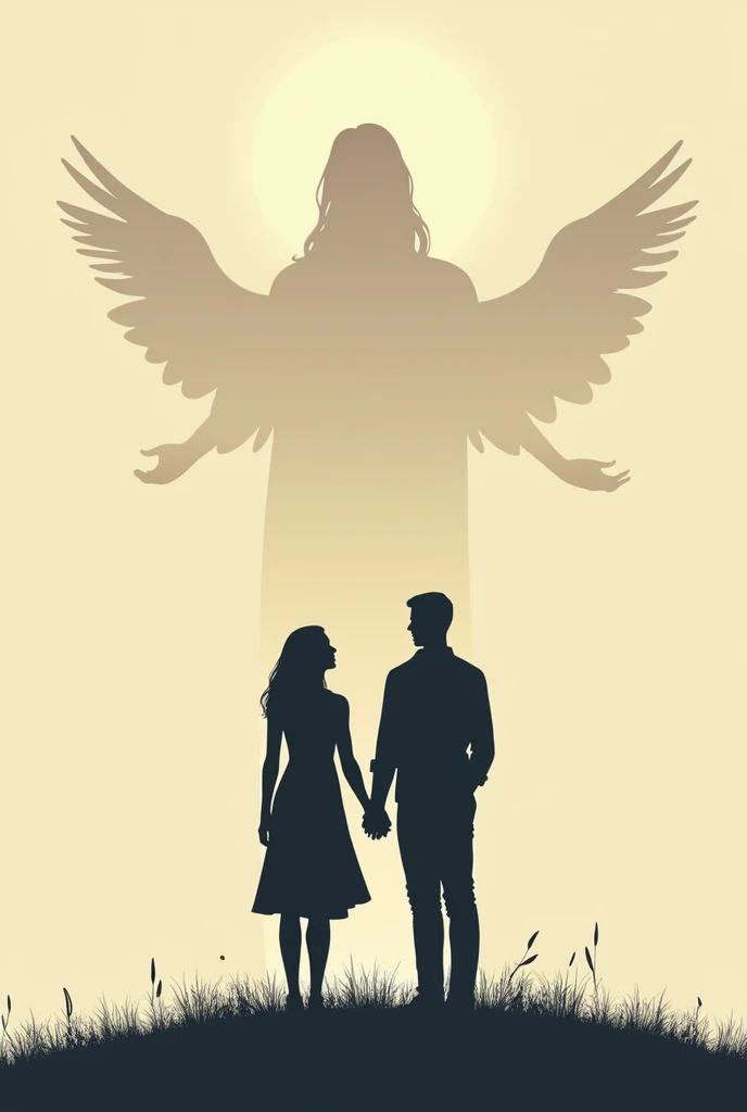 Create a vertical wallpaper of a couple holding hands, but that God is in their midst, Let it be just the silhouette of the drawing