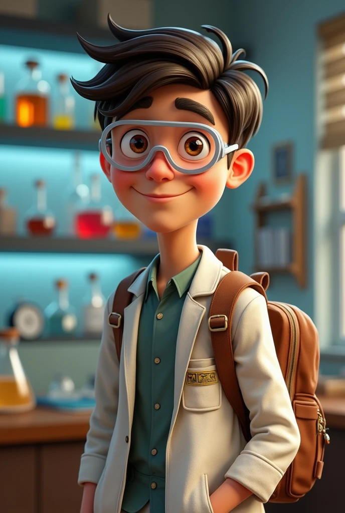young man in pixar style with his laboratory uniform and a backpack and behind him a science laboratory with science objects