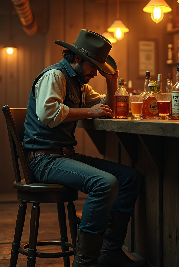 A young cowboy sitting at a bar table with his hat covering his face while the table is full of drinks with the words cowboy paul written on it