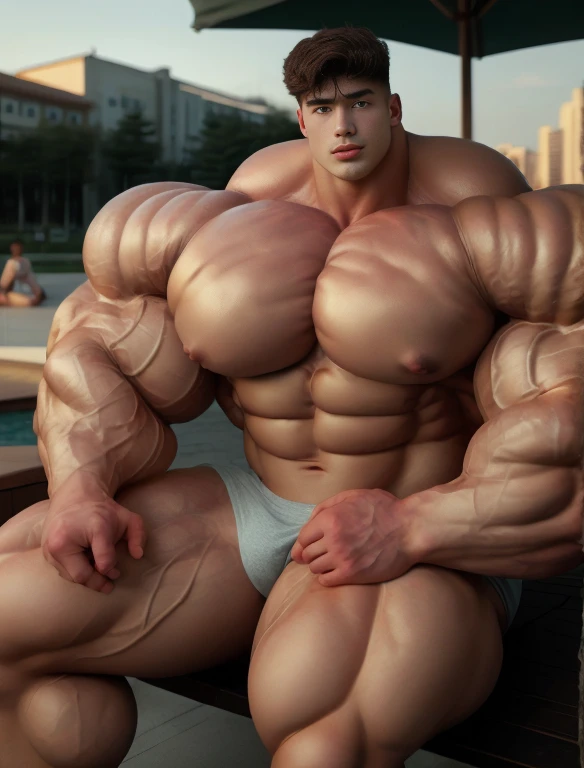 1boy, giant, asian, solo, giant bodybuilder, golden hour, strong body, bulk, large size, sitting on concrete at any outdoor area, nude, red triangular underwear with enormous bulge, extraordinary big, brutalmass, giant muscular body, bulk, buff, massive body, large meaty body size, extremely wide body