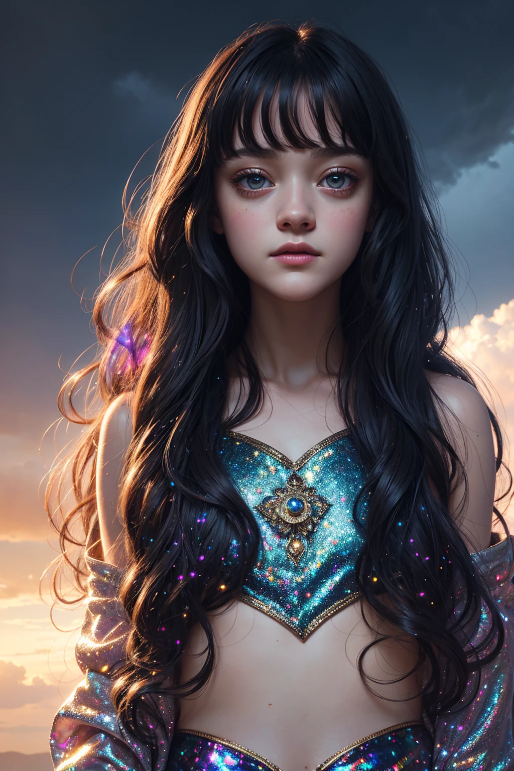 portrait Dakota Fanning, wearing sexy rainbow outfit, against the background of clouds, 3 0 3 0 s, curly hair, intricate, elegant, highly detailed, digital painting, artstation, concept art, smooth, sharp focus, illustration, art by thomas kindkade, charlie bowater, artgerm, greg rutkowski, alphonse mucha and alexandra fomina, 36k, glittering, shining