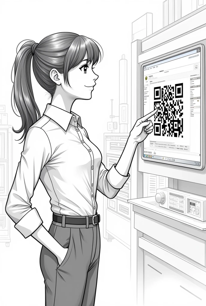 Make a female engineer pointing to a QR code professional drawing