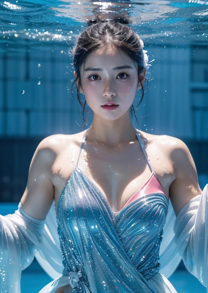 Diffuse lighting、 Highest quality, High resolution, unity 8k wallpaper、Supersaturation, Japanese、1 female、23age、Synchronized swimming athletes、World Congress、Serious expression、Colorful costumes、Upper body in water、Pool、Sparkly costume、artistic swimming、