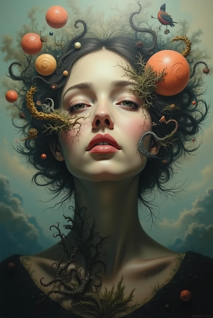 a painting of a woman's head surrounded by stranges things
