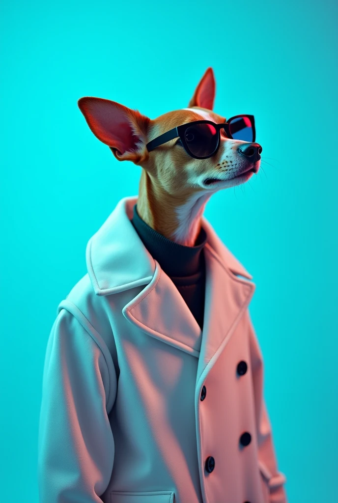 The best cell phone wallpaper, Award-Winning Wallpaper, portrait photography, In the front view is a portrait of a cute dog wearing mid-1960s space age fashion, Side view photo, Shot with Canon EOS R5, Set a strong contrast that accentuates the subject, Fluorescent blue tone, Wearing a very modern coat and sunglasses is a modern 1960s style, Clothes all in one color, beautiful background