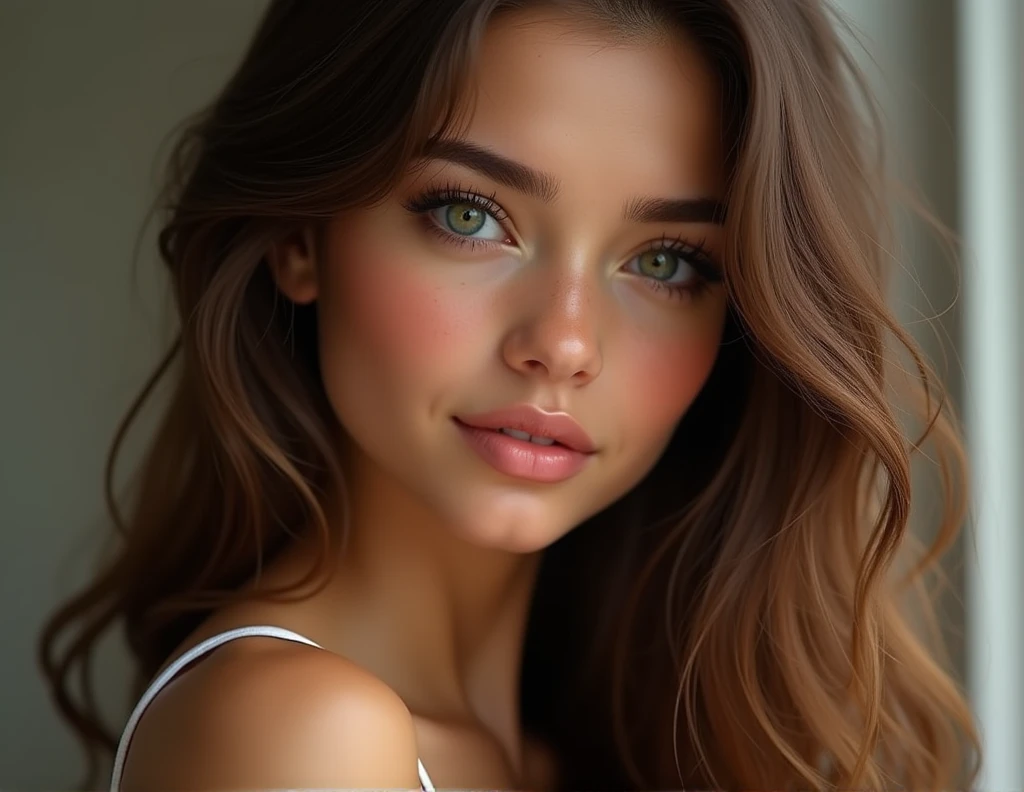 beautiful girl with long wavy hair, yeux verts, brown-hair. She has tanned skin and is cute. has sex. ultra realistic. 4K