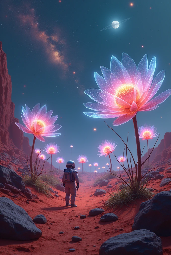 "A surreal scene set on the dusty red surface of Mars, where a cosmic garden blooms against the barren, rocky landscape. Enormous, bioluminescent flowers with petals made of stardust rise from the Martian soil, their roots entwined with ancient Martian rocks. Each flower glows softly in hues of blues, purples, and pinks, casting an otherworldly light across the crimson terrain. The stems of the plants are translucent, pulsing with the light of distant galaxies, visible through the thin Martian atmosphere. Tiny planets and moons orbit around the larger flowers like curious bees, occasionally darting between the rocks. In the sky, the vastness of space stretches out, with swirling nebulas visible in the distance, their ethereal glow blending with the faint twilight on Mars. A lone astronaut in a spacesuit tends to the garden, using futuristic tools designed for the harsh Martian environment. The contrast between the rugged Martian landscape and the vibrant, glowing garden adds a sense of tranquility and wonder to this surreal, otherworldly scene."