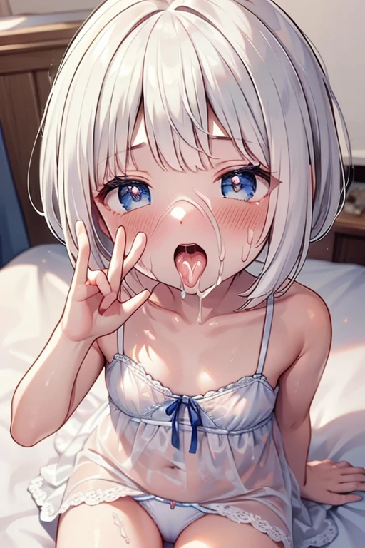 ((Highest quality)), ((masterpiece)), (detailed), A large amount:1.2),extremely detailed cute anime face, (((Flat Chest))), (Flat Chest:1.1),((((Short Bob Hair)))),Complex eyes,beautiful detailed eyes,Symmetrical eyes,(((detailed face))),beautiful detailed lips, If you look at this, (((Embarrassing))),(emotional expression),(My heart is pounding with anticipation.), A translucent white dress reveals her skin、String panties，One hand in front of mouth making a blowjob gesture，Filling condoms，Eat used condoms，Sitting on the bed，White liquid spills from mouth，White liquid dripping from fingers，Fisheye Lens