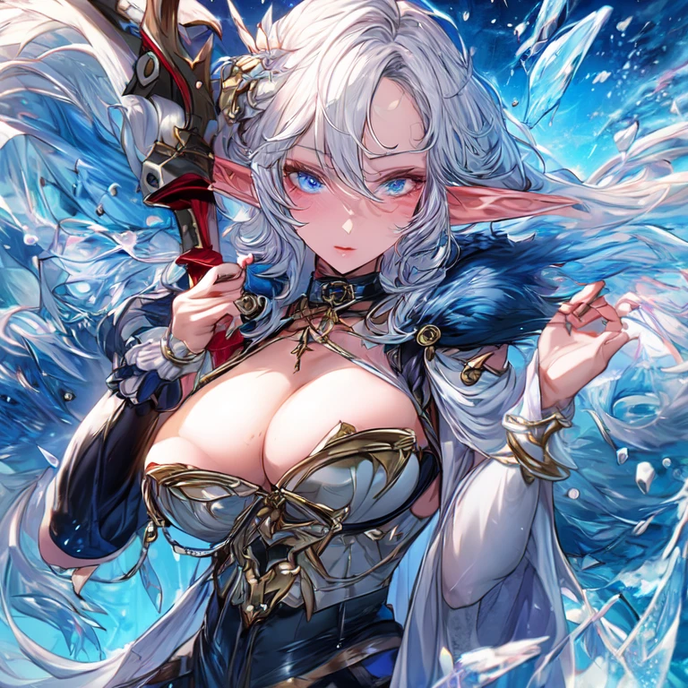 Beautiful mature milf elf swordswoman in ice with long white hair and blue eyes big breasts UHD, textured skin, super detail, high details, high quality,