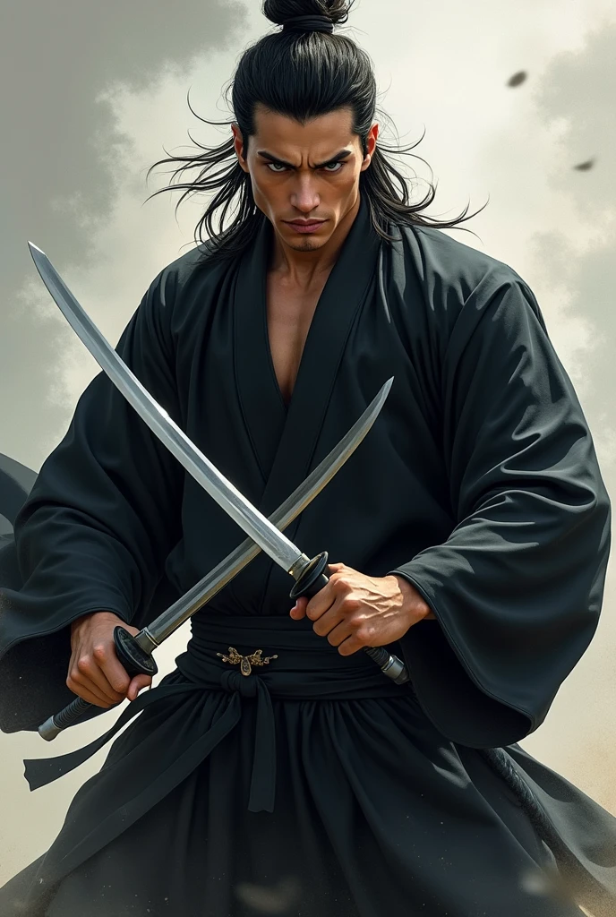 knife、両手にknife、Black kimono、Full body black costume、Ninja、Men with thick lips, Dark blonde hair that is thick enough to be y without being too messy, His strong, His chiseled jawline contrasts with his soft blue eyes., He seems fiet gentle, 2, His name is Miyamoto Musashi, Japanese, All tanned and toned, His muscles are smooth
