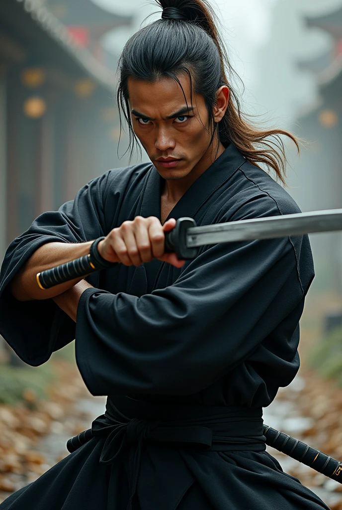 knife、両手にknife、Black kimono、Full body black costume、Ninja、Men with thick lips, Dark blonde hair that is thick enough to be sexy without being too messy, His strong, His chiseled jawline contrasts with his soft blue eyes., He seems fierce yet gentle, 2, His name is Miyamoto Musashi, Japanese, All tanned and toned, His muscles are smooth