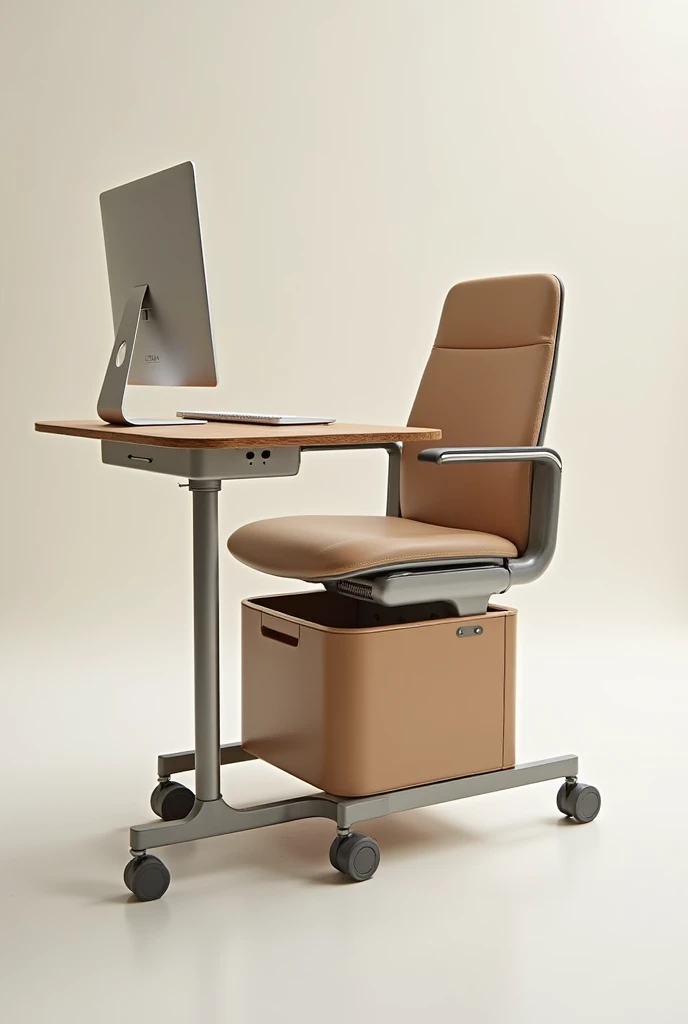 A comfortable, elegant school chair made of wood and synthetic leather and beige stainless steel with a table integrated into the chair for the computer and a cup holder on the chair with a charger on the table for cell phones or computers and a box below to store things and the chair must have 3D wheels.