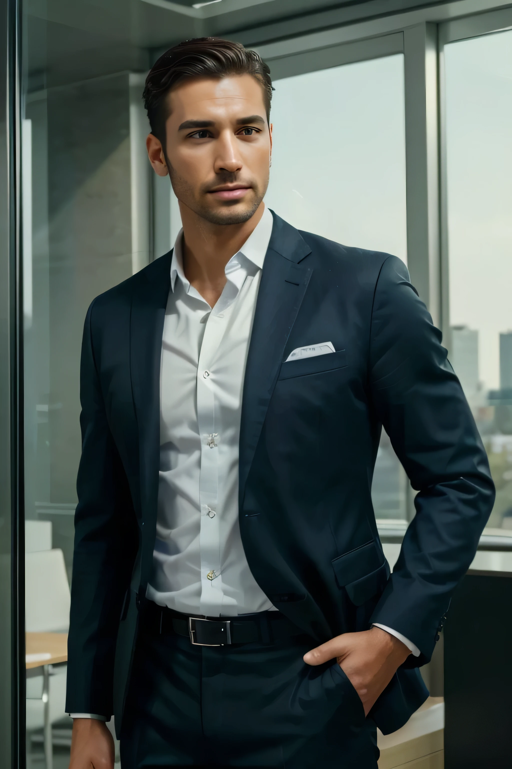 ((Best quality)), ((masterpiece)), ((realistic)), ((Best quality)) Create a Professional and attractive Beutifull corporate man Chrachter that looks professional Corprate man and Create a Display Image for his all Soical Account