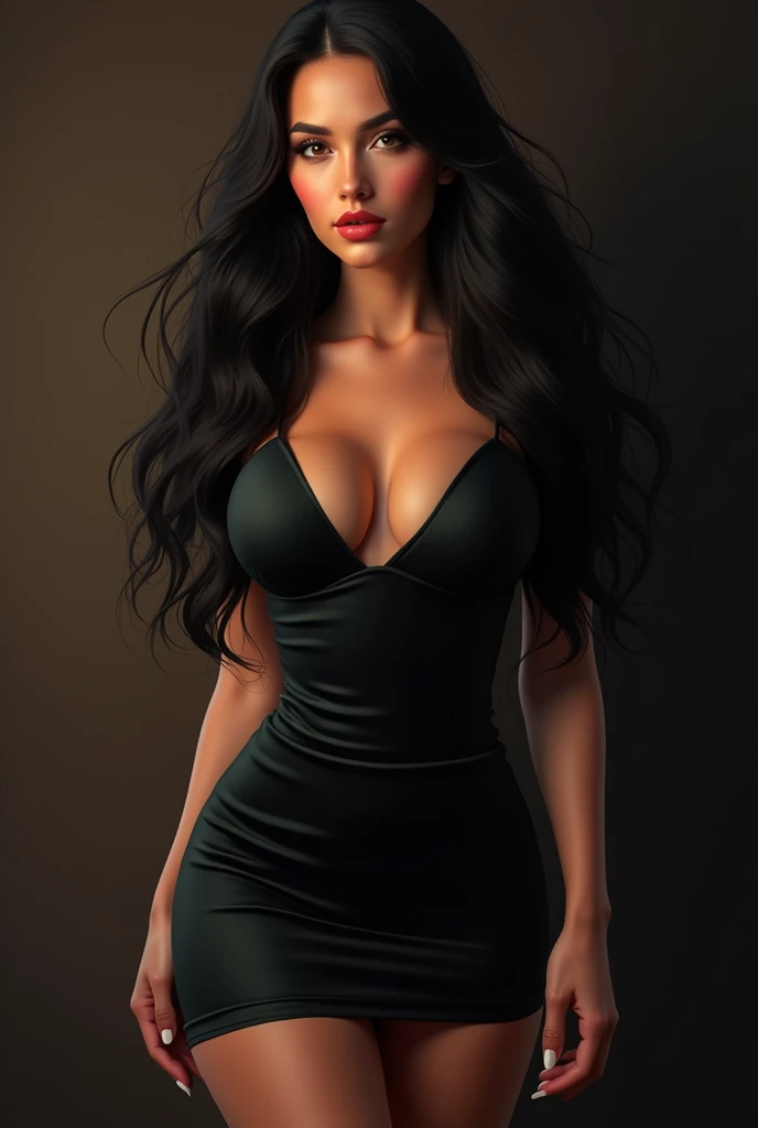 A beautiful Instagram model, long black hair, wearing a sexy dress , full body view, ((big boobs)), (hourglass figure), (white girl), detailed face, beautiful eyes, luscious lips, cinematic lighting, photorealistic, highres, 8k, (best quality:1.2), (realistic:1.37) , full body view