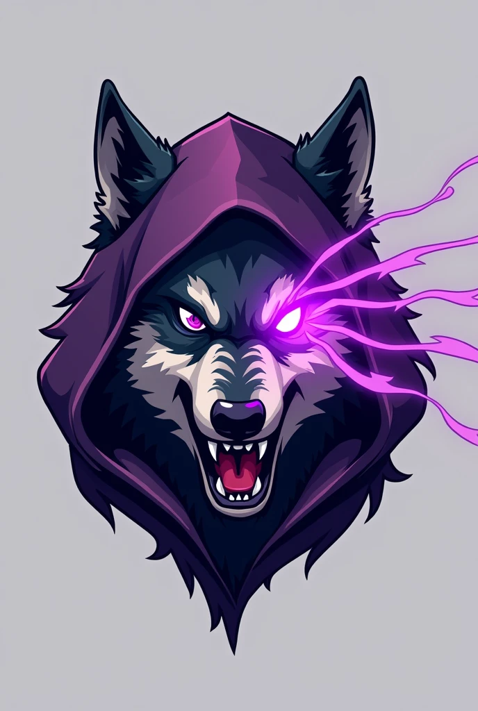A logo of an angry wolf's face, that the left front part of the face is covered by a purple hood and that purple rays are projected from its right eye, but the wolf is animated and below the logo is written MANANTIAL