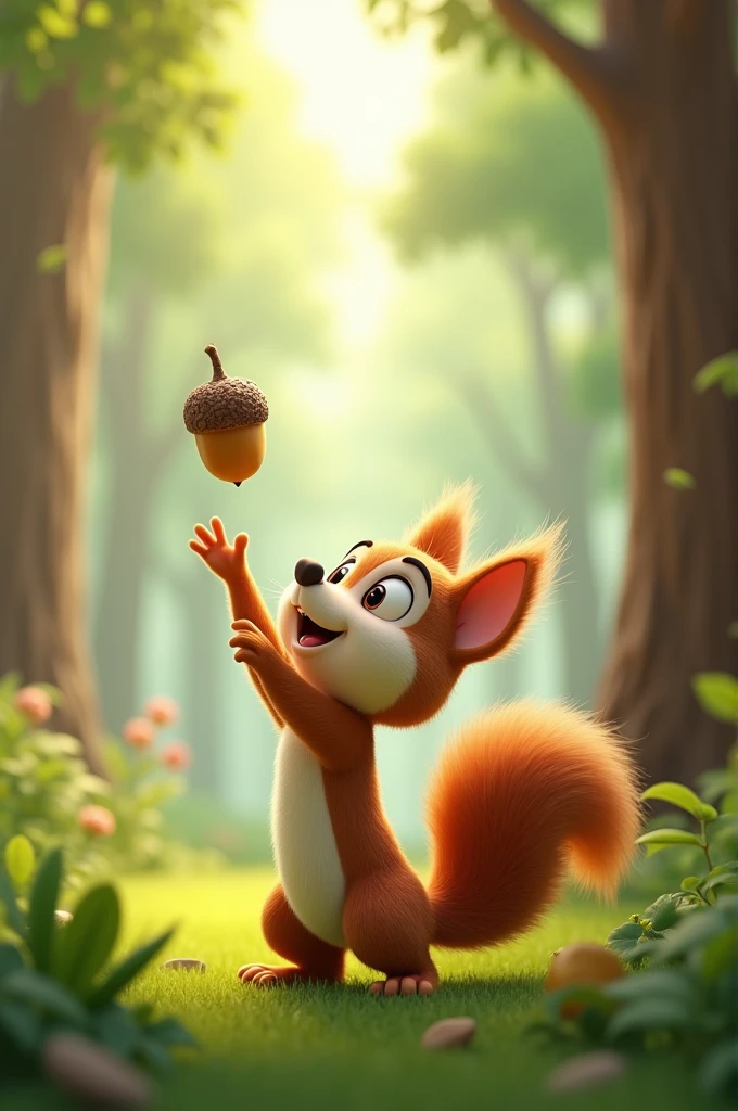 Create a 3D cartoon-style squirrel character named Nutty. Nutty is small, with soft brown fur, large round eyes, and a bushy tail. He should appear energetic and playful, standing on his hind legs as he reaches for an acorn that's just out of reach. The scene should be set in a vibrant forest with tall trees and sunlight filtering through the leaves."