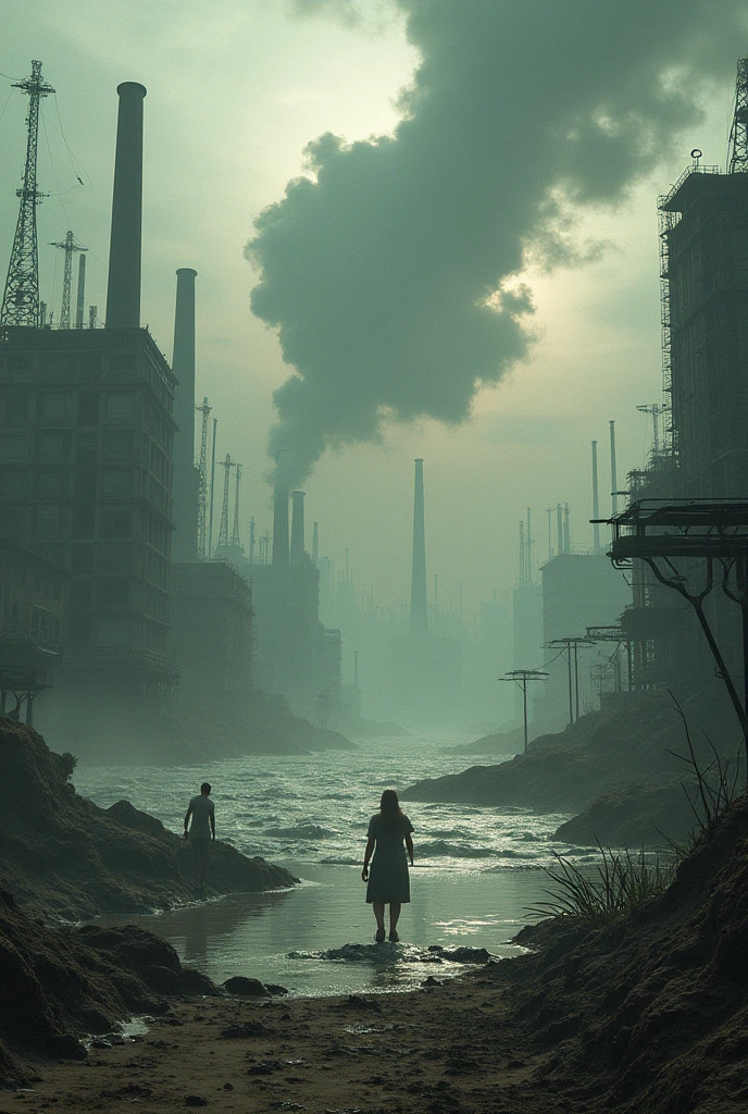 A planet Earth with different ecological problems represented, like factories emitting smoke, Polluted oceans, endangered animals and people affected by natural disasters.
