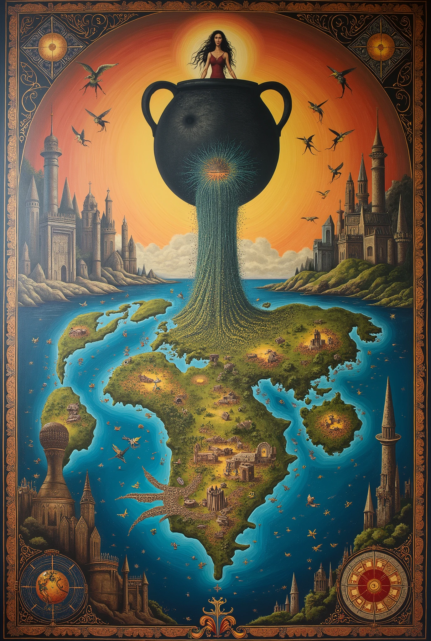 It told a story with the way colors and shapes and light flowed, the way the tone shifted across the mural. The story of … of Prythian.
It began with a cauldron.
A mighty black cauldron held by glowing, slender female hands in a starry, endless night. Those hands tilted it over, golden sparkling liquid pouring out over the lid. No—not sparkling, but … effervescent with small symbols, perhaps of some ancient faerie language. Whatever was written there, whatever it was, the contents of the cauldron were dumped into the void below, pooling on the earth to form our world … The map spanned the entirety of our world—not just the land on which we stood, but also the seas and the larger continents beyond. Each territory was marked and colored, some with intricate, ornate depictions of the beings who had once ruled over lands that now belonged to hu?ans. All of it, I remembered with a shudder, all of the world had once been theirs—at least as far as they believed, crafted for them by the bearer of the cauldron. There was no mention of humans—no sign of us here. I supposed we’d been as low as figs to them.
It was hard to look at the next panel. It was so simple, yet so detailed that, for a moment, I stood there on that battlefield, feeling the texture of the bloodied mud beneath me, shoulder to shoulder with the thousands of other human soldiers lined up, facing the faerie hordes who charged at us. A moment of pause before the slaughter.
The humans’ arrows and swords seemed so pointless against the High Fae in their glimmering armor, or the faeries bristling with claws and fangs. I knew—knew without another panel to explicitly show me—the humans hadn’t survived that particular battle. The smear of black on the panel beside it, tinged with glimmers of red, said enough.
Then another part, of a much-reduced faerie realm. Northern territories had been cut up and divided to make room for the High Fae, who had lost their lands to the south of the wall.