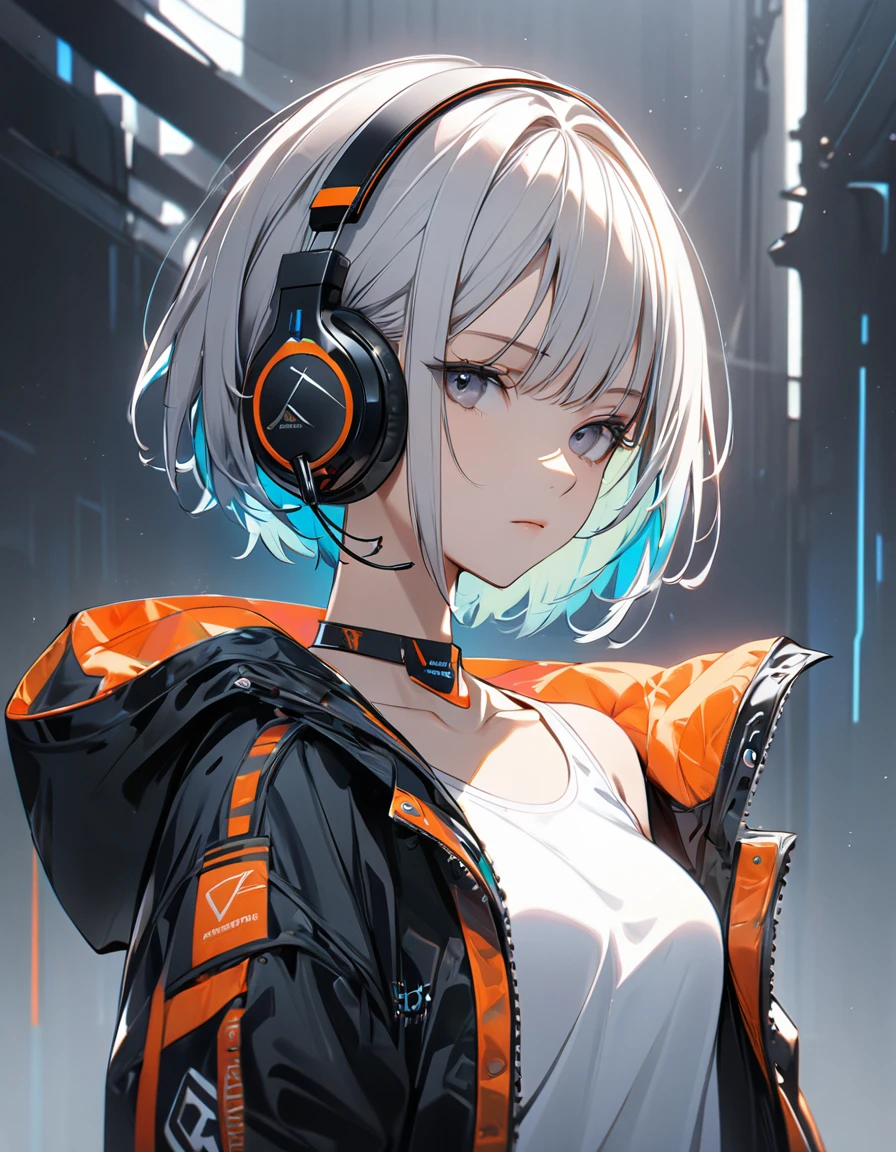 1girl, best quality, beautiful, short hair, 8K, expressionless, model pose, head tilt look view, slim, jacket, white tanktop inside, earrings, wearing headset on the neck, perfect, concept, full color