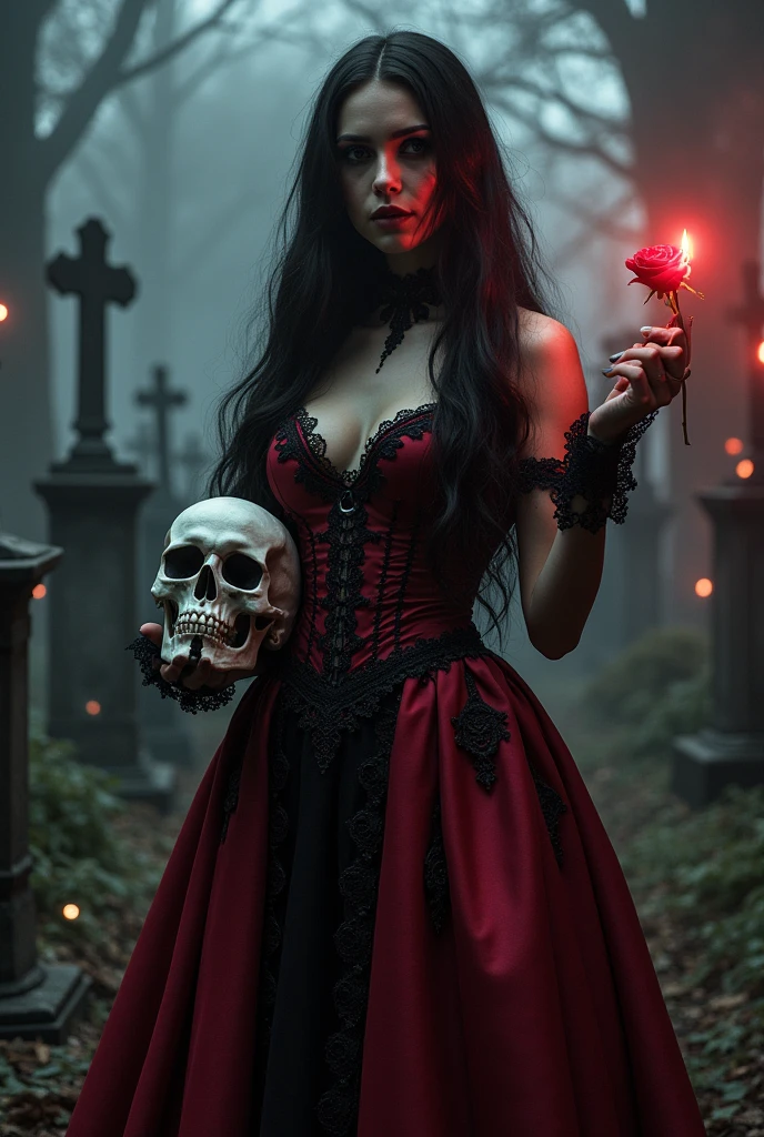 an elegant woman with long, dark hair wearing a vibrant dark red and black dress adorned with lace and intricate details. embroidery His skin is a light and striking tone, his face is like a skull, mixing beauty and macabre. In one hand, she delicately holds a skull and, in the other, a red rose, symbolizing her dual nature. She is in a dimly lit cemetery, surrounded by dimly glowing candles and fog, with shadows from old tombstones and crosses in the background. The atmosphere is eerie and slightly eerie, with a soft, reddish light highlighting its presence.