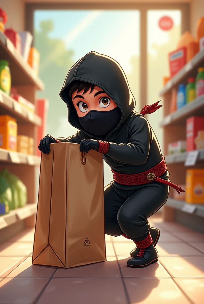 illustration of a ninja coming out of a supermarket bag in a disney pixar animation
