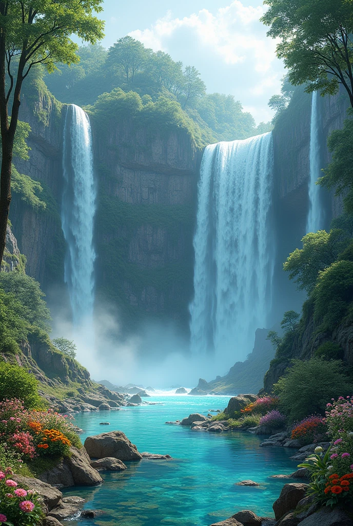 Dreamlike landscape with huge waterfalls of crystal-clear waters and environments with a lush forest with colorful vegetation , 8k, high resolution, sharp image