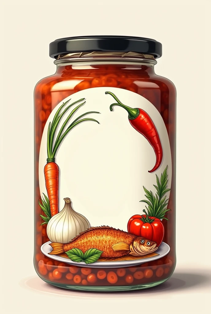 Circular label frame on a jar with illustrations of an onion,carrot,Chile,with a fried fish on a plate on the side.
