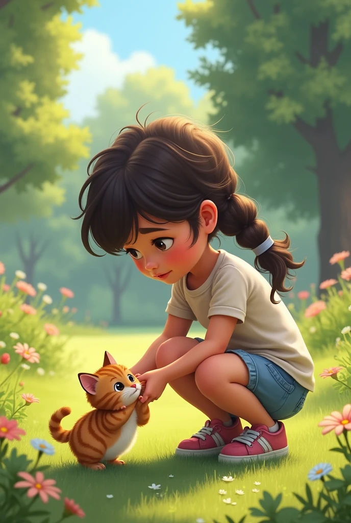 One day while she was playing in a park she found a little abandoned kitten.