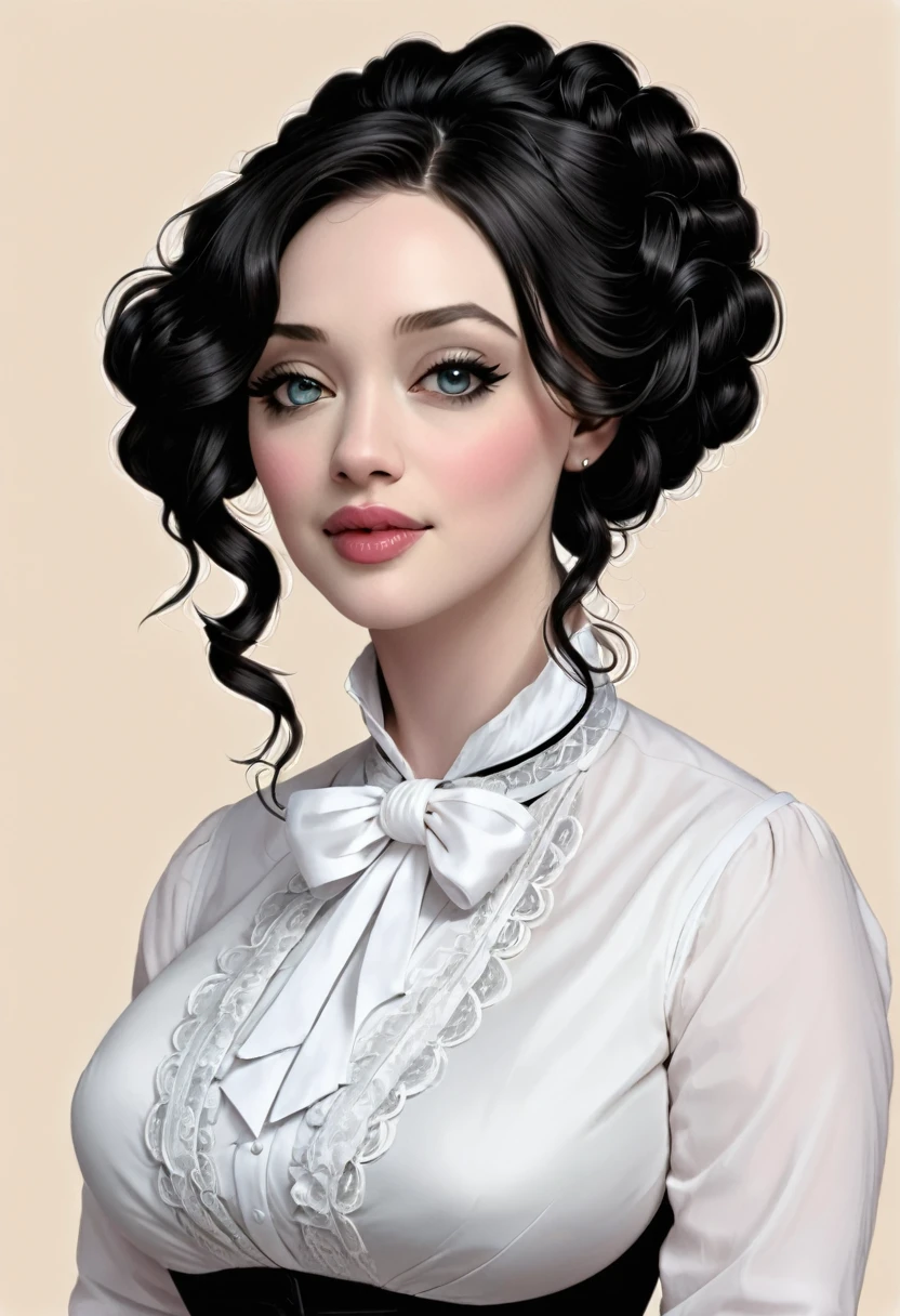 A pencil drawing of a young victorian governess, curly black hair. Kind and inteligent energy. Kat Dennings