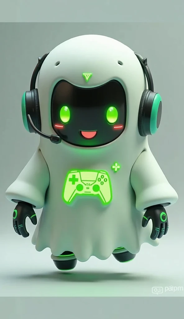 Create a medium-sized robot pet with a ghost-like appearance. With slightly rounded shapes resembling a drop. On your hands you have well defined fingers. His facial expression has large, green eyes with a glow, conveying a friendly and cheerful expression. He has a small open mouth with a happy smile and flushed cheeks.. Its body is white with small green details and a smooth, slightly shiny texture.. He has a headset on his head with an adjustable microphone positioned close to his mouth.. And on his chest you can see the illuminated shape of a Playstation 5 controller in fluorescent green.. It floats in the air, as if he were ready for an adventure. On his forehead is written the word "Soulgamer".