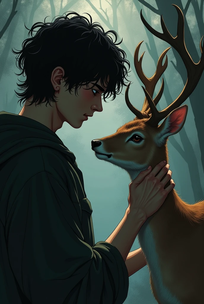 Manga 20 year old white man with mid-length black hair and unshaven, sweet noir qui est amoureux d une biche