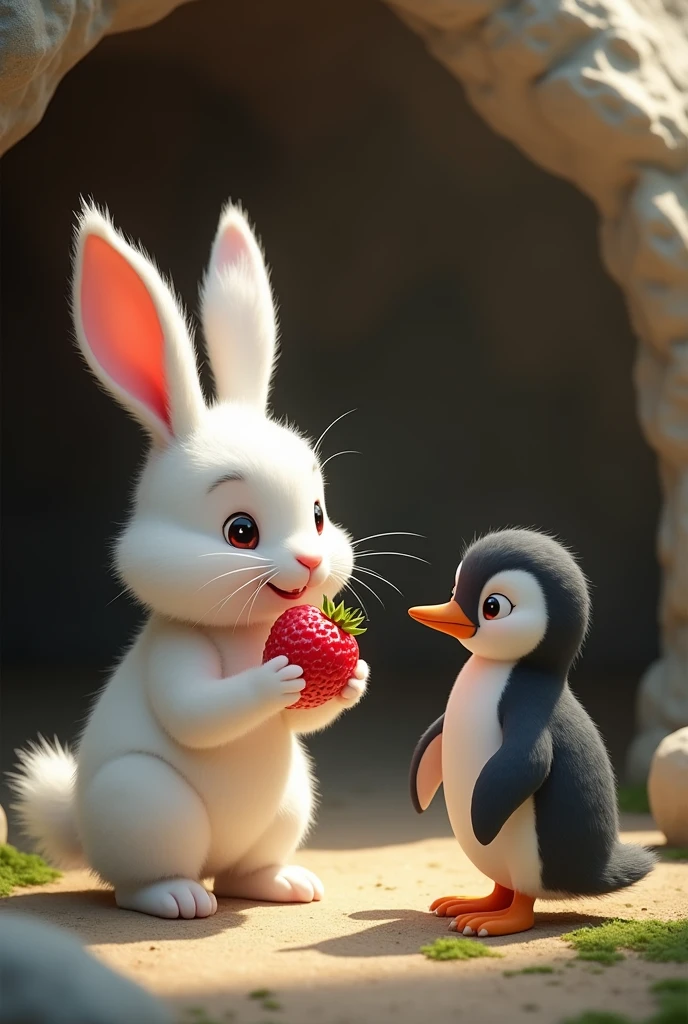 A white rabbit give Berry to little penguin in his cave