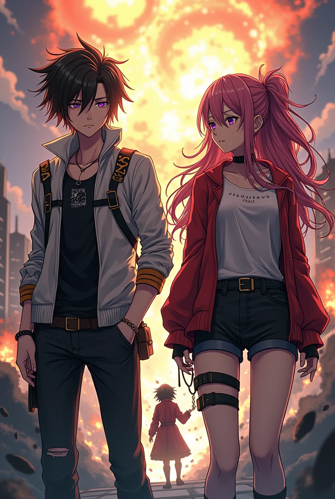 Anime Character Alternative Clothing 2 men and 2 women Chaos Background Explosion
