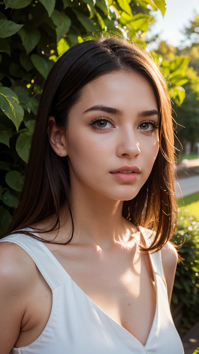 a beautiful woman with long dark hair, pale skin, detailed face, piercing blue eyes, full lips, high cheekbones, elegant expression, delicate and graceful, wearing a flowing white dress, standing in a lush garden with blooming flowers, sunlight streaming through the leaves, radiant and serene, (best quality,8k,highres,masterpiece:1.2),ultra-detailed,realistic,photo-realistic:1.37,intricate details,cinematic lighting,vivid colors,award winning photography