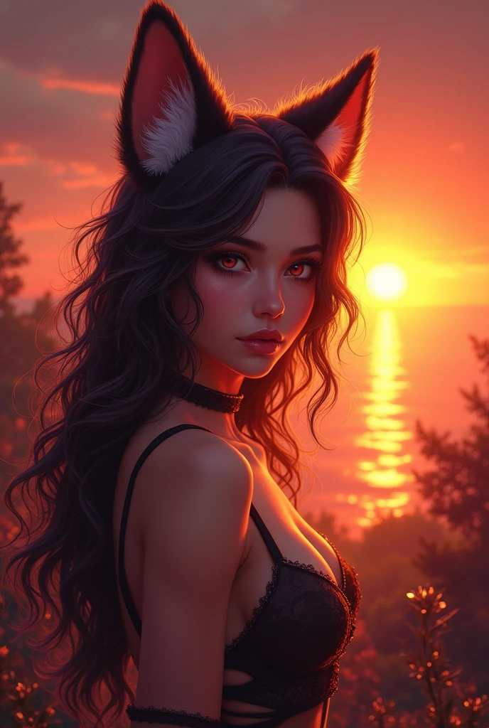 sensual gorgeous Fursona girl , colorful vivid,  expresive beautiful eyes, with the sun setting in the background. Roxy Paine Loish , Anne Bachelier portrait style,intricate, highly detailed