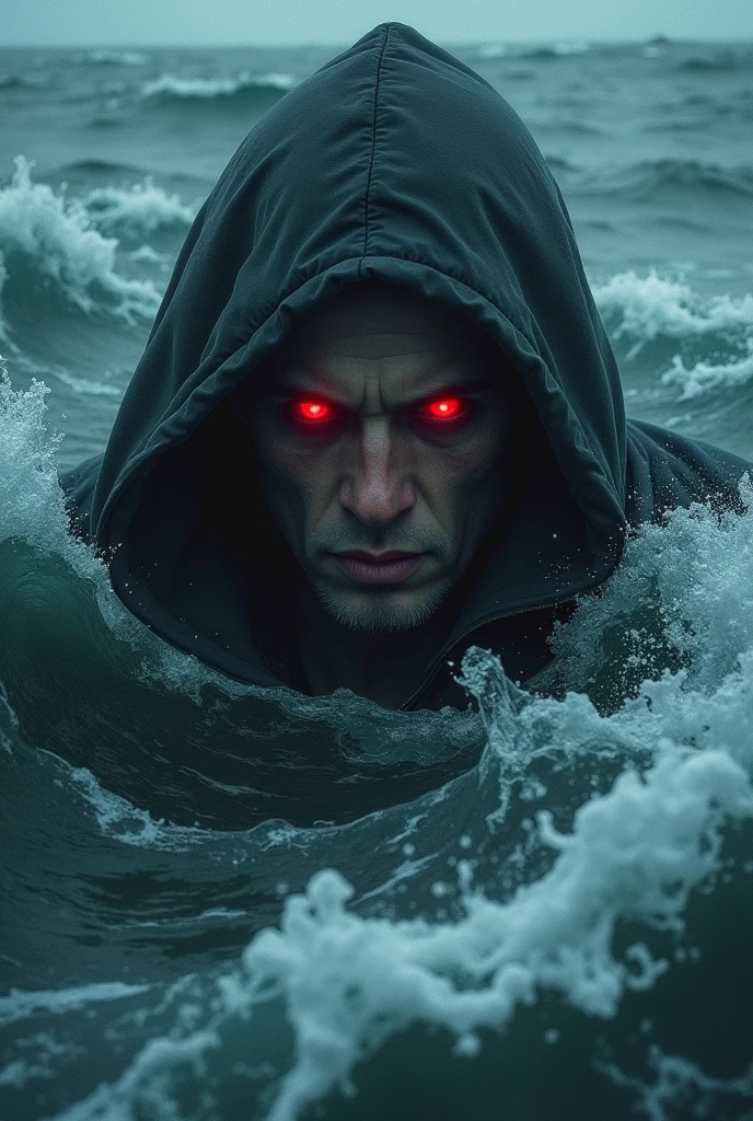 Man with red eyes in sea