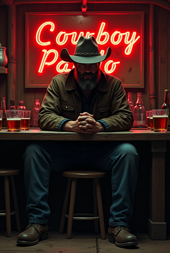 A young cowboy sitting at a bar table with his hat covering his face while the table is full of drinks and behind the cowboy it says COWBOY PAULO