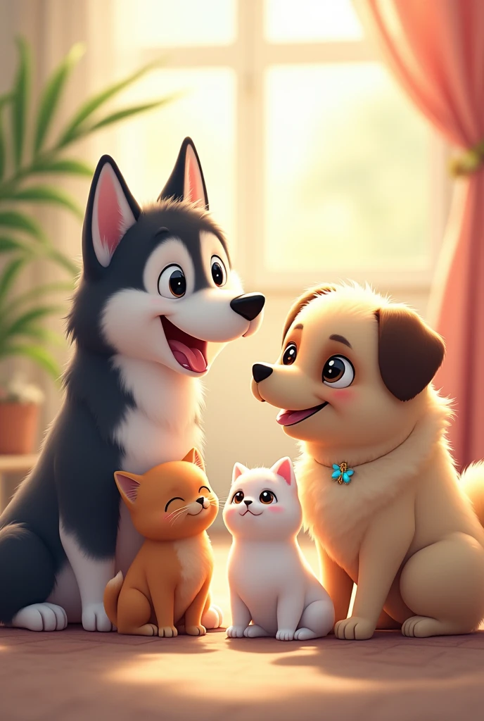 Husky dog together with two Pomeranians , 1 white persian and one pug with siamese cat and coton de tulear