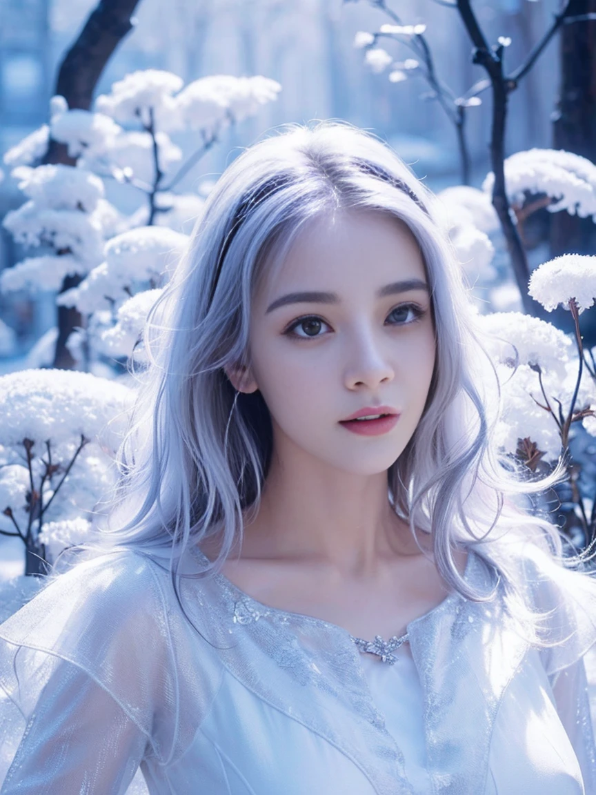 (((masterpiece))), best quality, illustration, 4k wallpaper, light, absurd, 1 girl, Vietnamese girl, (snow, ice), snow, In winter, white hair, Shiny hair, curly hair, Transparent clothes, decoration, Lace, Wet clothes, xa_vai, Headband, masterpiece, telephoto lens, absurd, Exquisite facial features，Record，Poster layout，Elegant pose，，Natural light，Soft light，（Seven-part combination） ，magnificent，Wonderful and magical，mysterious，Moment of longing，Bigger breasts，Huge breasts，exposed