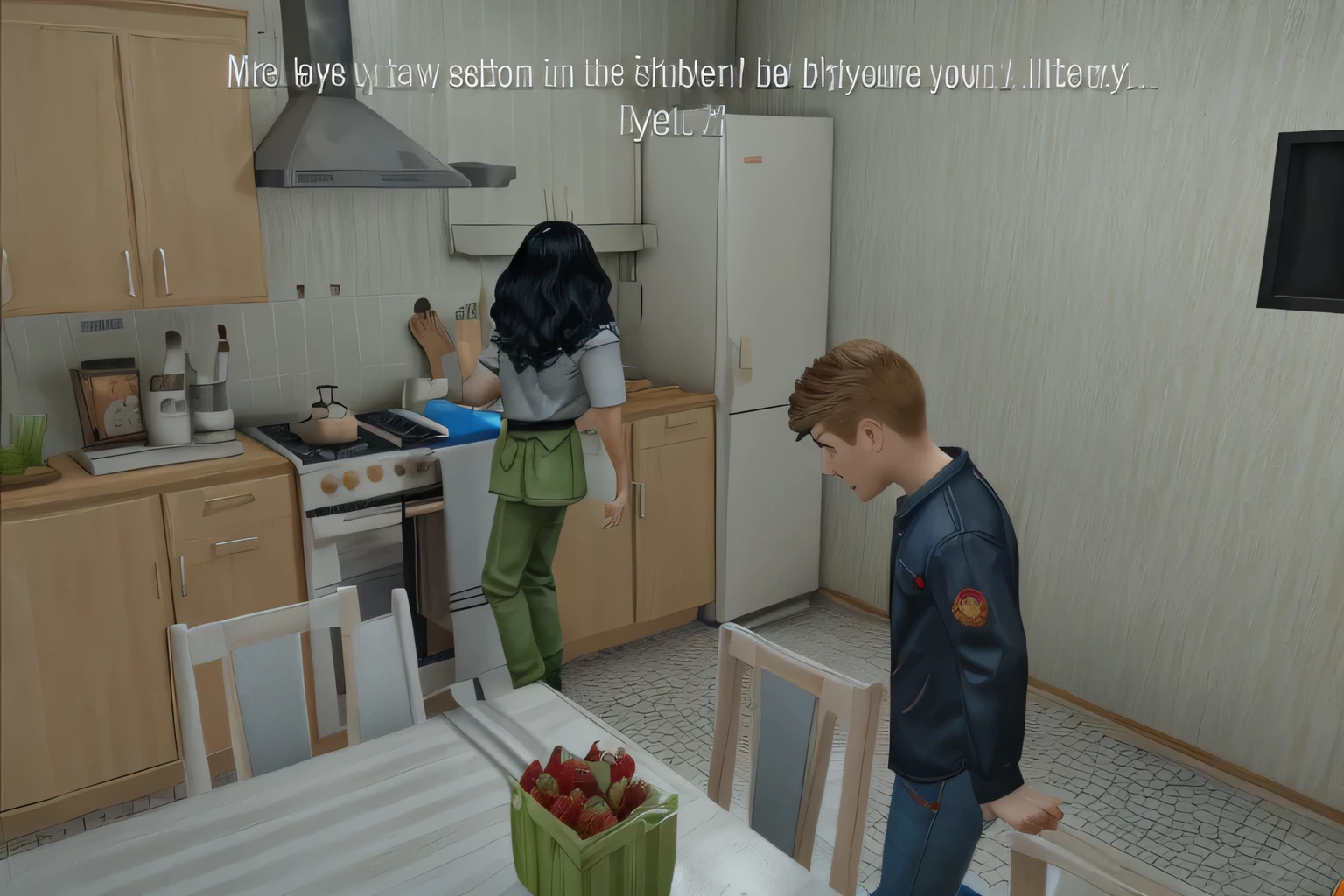 there is a woman and a boy standing in a kitchen, life simulator game screenshot, in game, in-game, in - game, screenshot from the game, cutscene, screenshot from game, fight with strawberries, gameplay, video game screenshot>, hyperrealisim, sovietwave, realistic!, by Mikhail Lebedev, screenshots