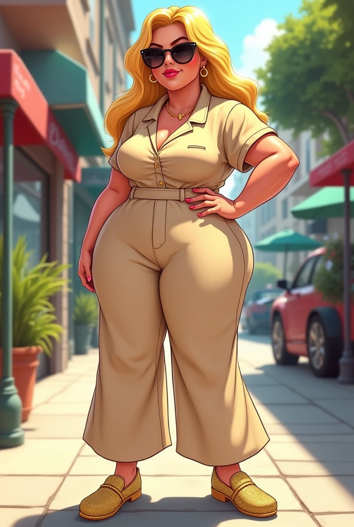 Blonde woman cartoon, 1,55m high, 80 kilos in weight, with beige wide jumpsuit, with sunglasses, with the right hand on the waist and the left hand loose, sidewalk with golden shoes.